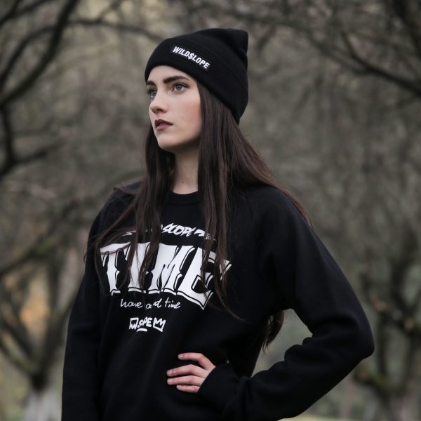 Girl wearing a supercool black sweatshirt